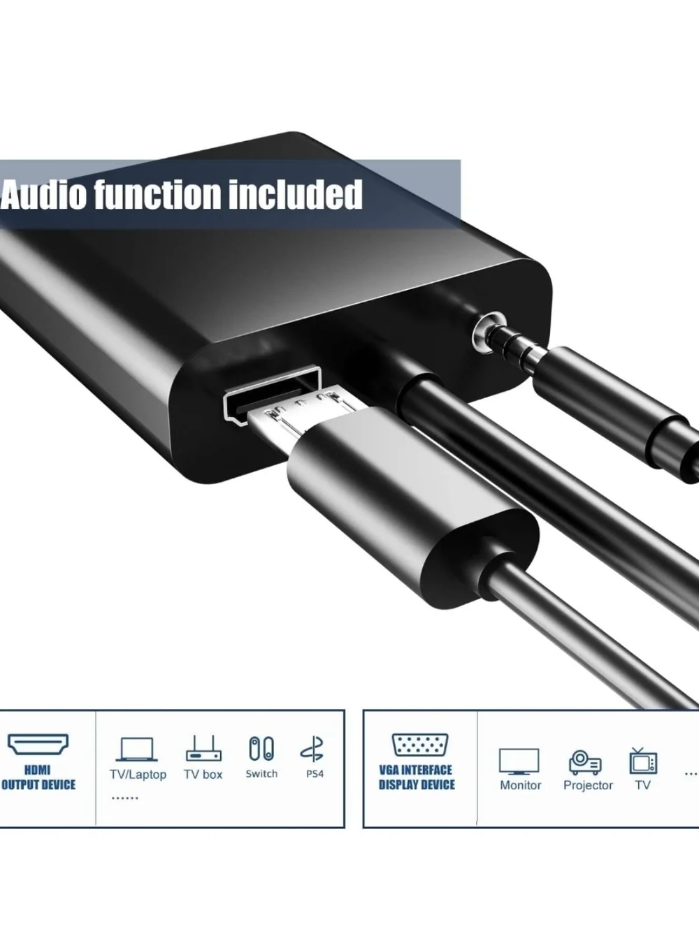 HDMI to VGA Adapter 1080P Video Converter M to F w/3.5mm Audio MiniUSB to USB